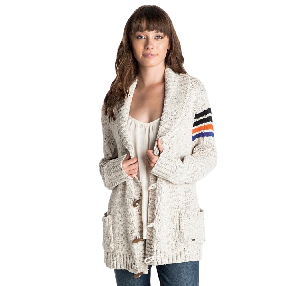 Roxy Aztec Geometric‎ Back Shawl Collar Open Front Cardigan Sweater Size M Beige